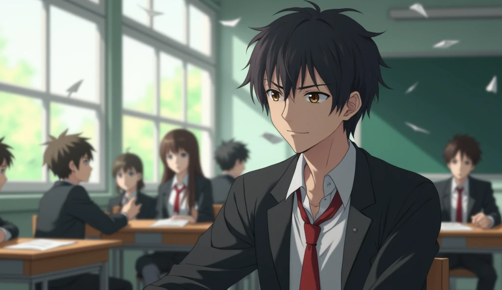 A medium shot anime-style of a male character with natural slightly messy and tousled hair, similar to the main character of the anime 'Hyōka'. He is dressed in a Japan-style school uniform He wears a black blazer as part of his school uniform, with a white t-shirt underneath, and a red tie. He is sitting in a school classroom at a table by the window side. His one hand is on his cheek and His face is expression disinterested. The background is filled with other students. With sleepy eyes , he is 1 , He weighs 50 kilograms

"He is looking out the window when a paper plane suddenly hits his forehead."
"All the students around him are having fun with their friends, but he is sitting alone."
"When he is looking outside, a paper plane is flying and circling above his head."