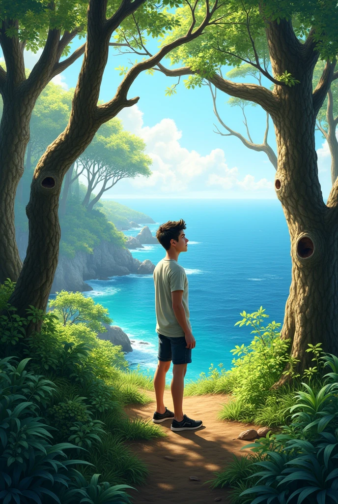 A 20 years old boy stand up in a forest and see Ocean View 
 Full realistic 