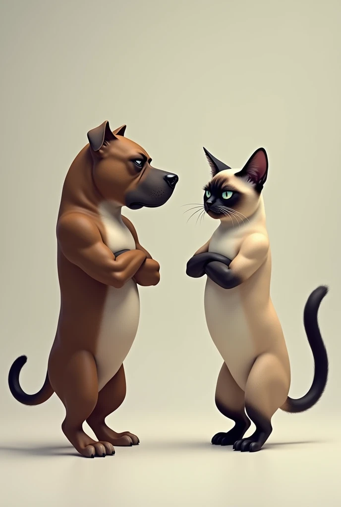 Raise a pitbull dog and a siamese cat standing up . Arms crossed and backs to each other.
Both of them have a frown on their face..