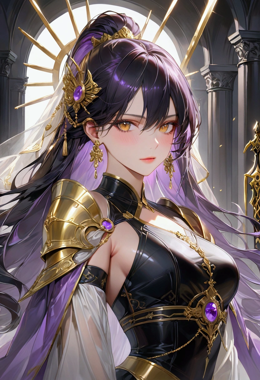 Long smooth straight black hair, inner colored dark-purple hair, golden eyes, fantasy swordswoman,masterpiece, super detail, best quality, 8k,semi-realistic