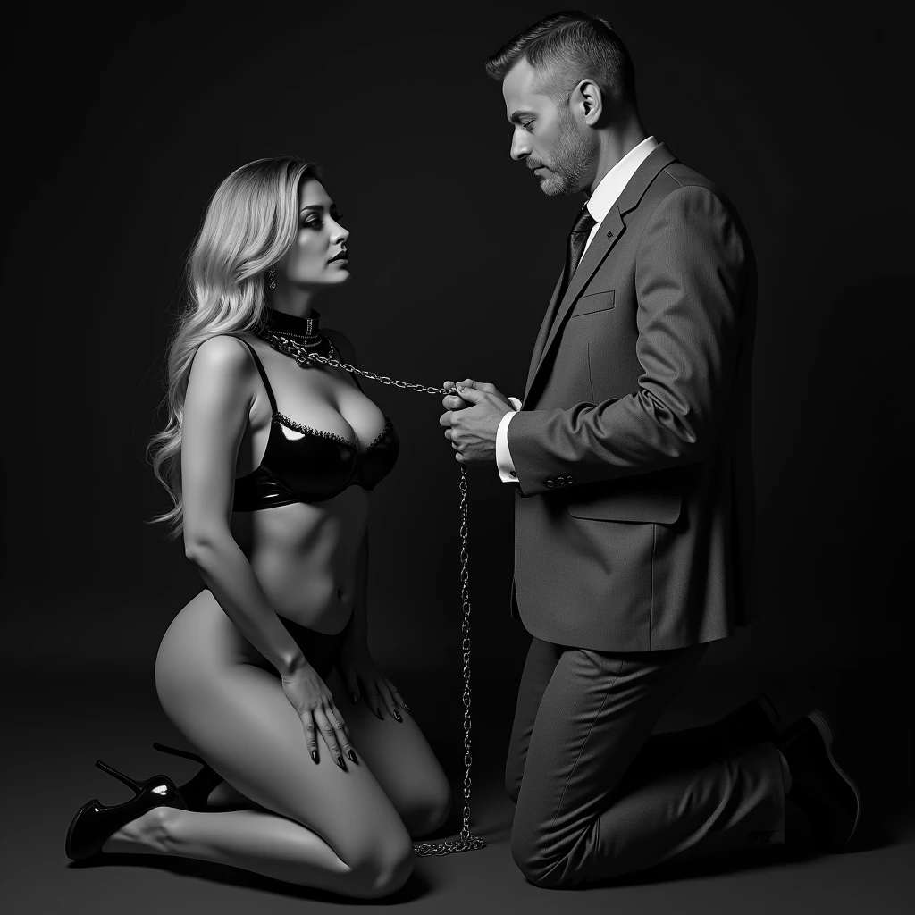 30 year old woman, voluptuous body, nalgona, busty, black latex lingerie, black heels, latex collar on the neck with chain, She kneeling looking up, In front of her a mature man taking the chain that goes on her necklace dressed in a gray suit, Photo studio , black and white, at the inner depths of a mansion 