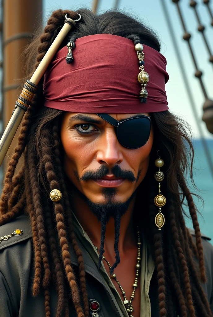 Captain young Jack sparrow with eye patch wear small  evil  smile 