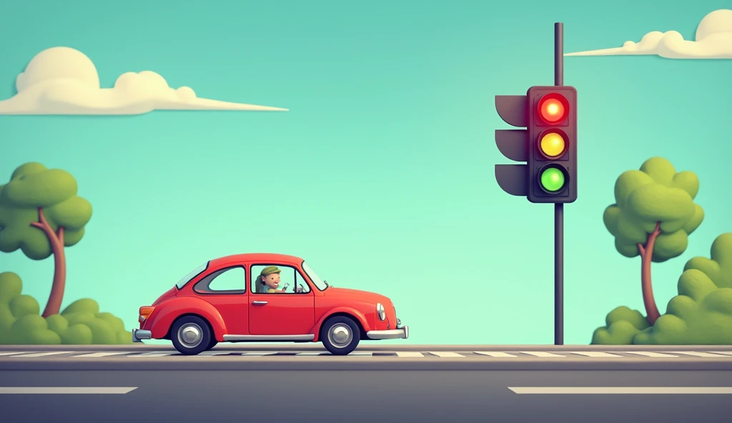 Red means "Stop," so wait and see,  
A car or bike can’t move yet, whee! Animated