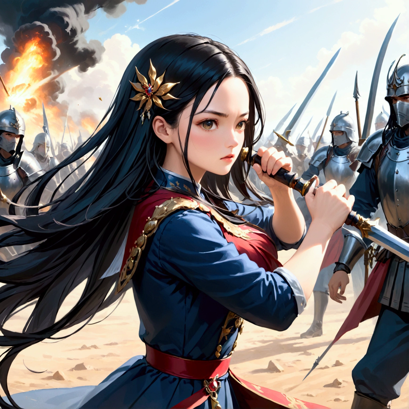 1girl, High Resolution, Long Hair, Black Hair, Hair Ornament, Best Quality, Masterpiece, Queen fighting in war
