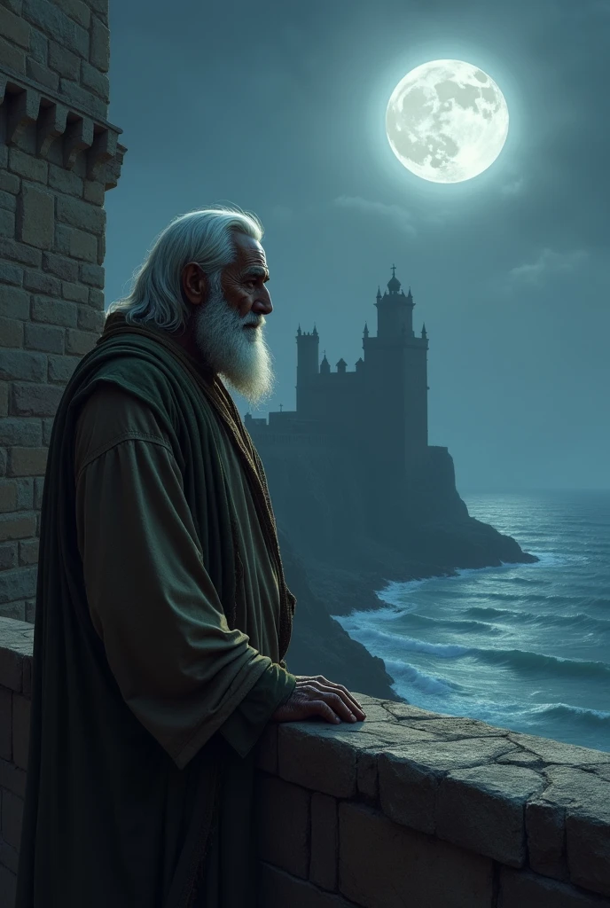 Blind old arab man, looking out from the castle onto the sea, sad looks, moonlit night, lots of details, dark atmospheres, dijital style