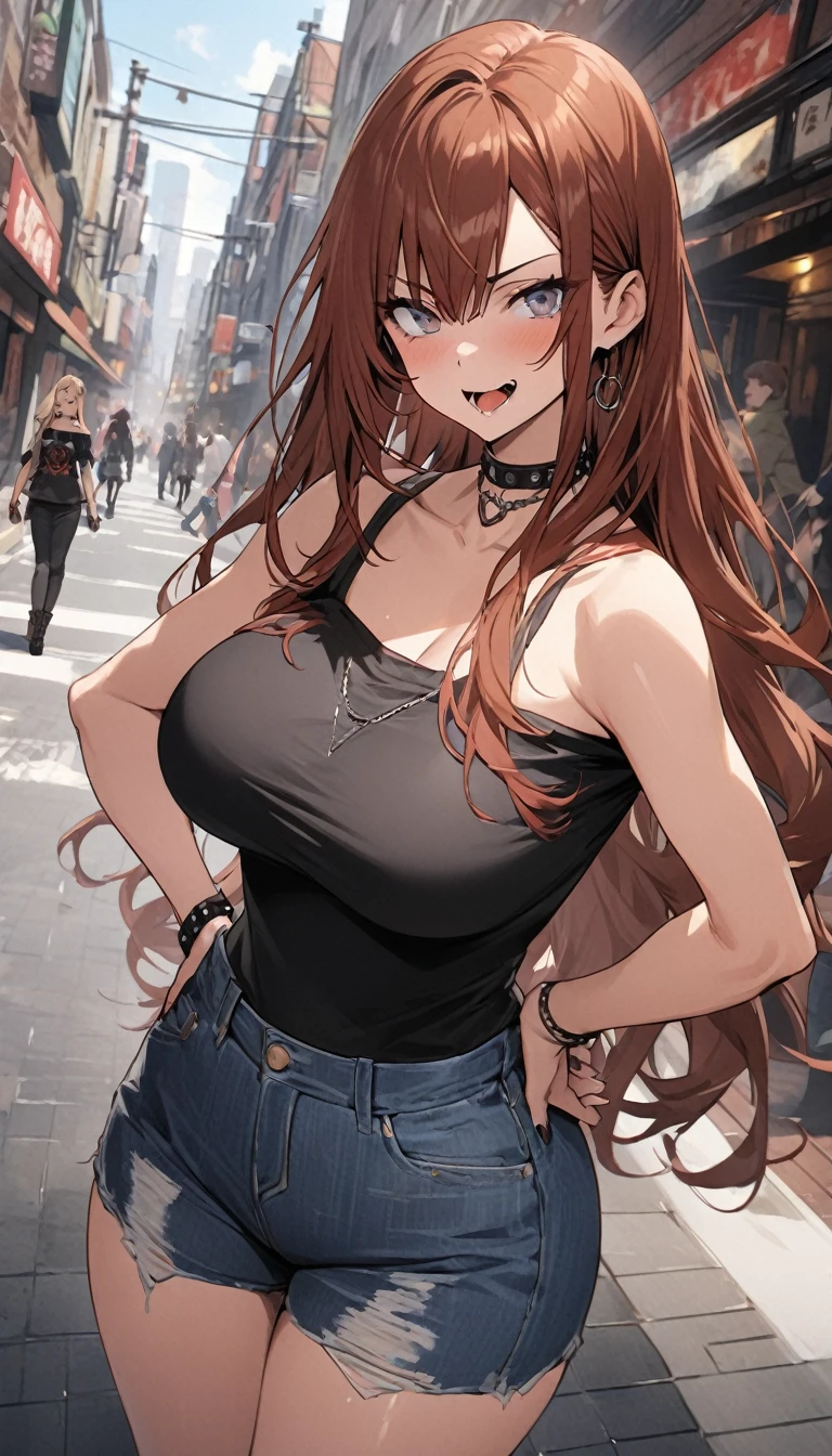 Ultra-high definition image quality、beautiful girl、Yankee girl、Reddish brown hair、Messy long hair、Gal、bustling street、Off-the-shoulder T-shirt、Distressed denim、Tight low rise denim、Highest quality, Big Ass、Thighs、Big Boobs、High cut boots、Glare、Place hands on hips、intimidating face、Hold a cigarette in your mouth、Smoke from cigarettes、Punk Fashion、Stand with legs crossed