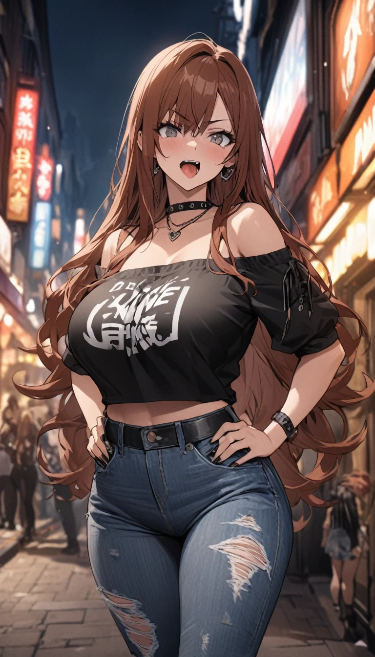 Ultra-high definition image quality、beautiful girl、Yankee girl、Reddish brown hair、Messy long hair、Gal、bustling street、Off-the-shoulder T-shirt、Distressed denim、Tight low rise denim、Highest quality, Big Ass、Thighs、Big Boobs、High cut boots、Glare、Place hands on hips、intimidating face、Hold a cigarette in your mouth、Smoke from cigarettes、Punk Fashion、Stand with legs crossed