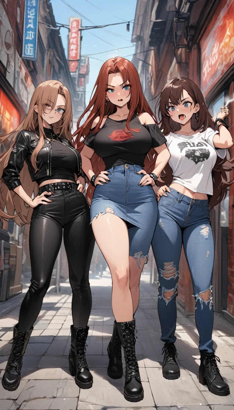 Ultra-high definition image quality、beautiful girl、Yankee girl、Reddish brown hair、Messy long hair、Gal、bustling street、Off-the-shoulder T-shirt、Distressed denim、Tight low rise denim、Highest quality, Big Ass、Thighs、Big Boobs、High cut boots、Glare、Place hands on hips、intimidating face、Hold a cigarette in your mouth、Smoke from cigarettes、Punk Fashion、Stand with legs crossed
