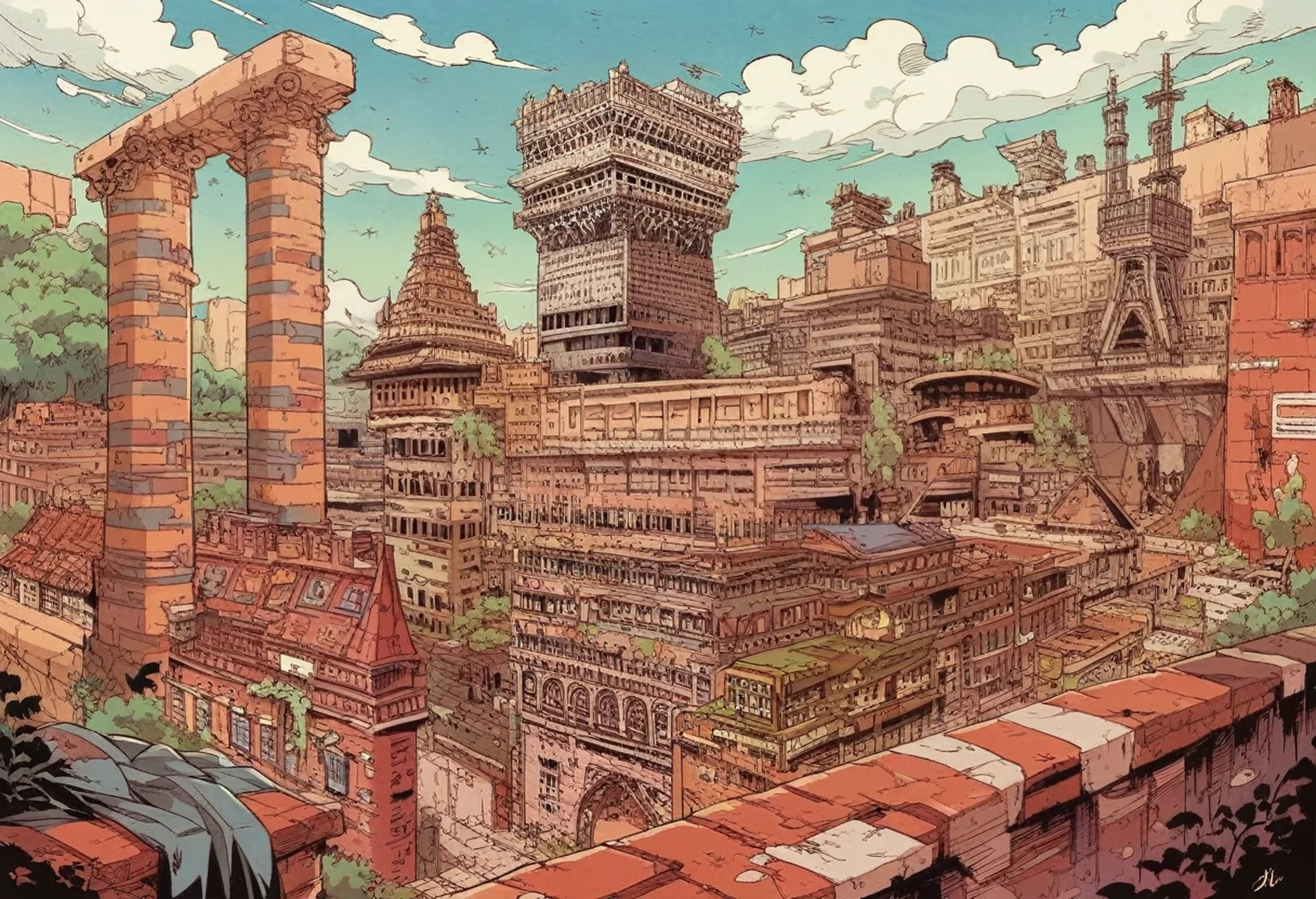 A painting of a person standing on top of a large brick tower, tower of Babel, Babel, the tower of Babel, bruegels the tower of Babel, ziggurat, Ancient megastructures: pyramids, Fortress huge structure city, Cities of ancient Persia, Giant Aztec Space City, library of Babel, Large and well-structured Valhalla City