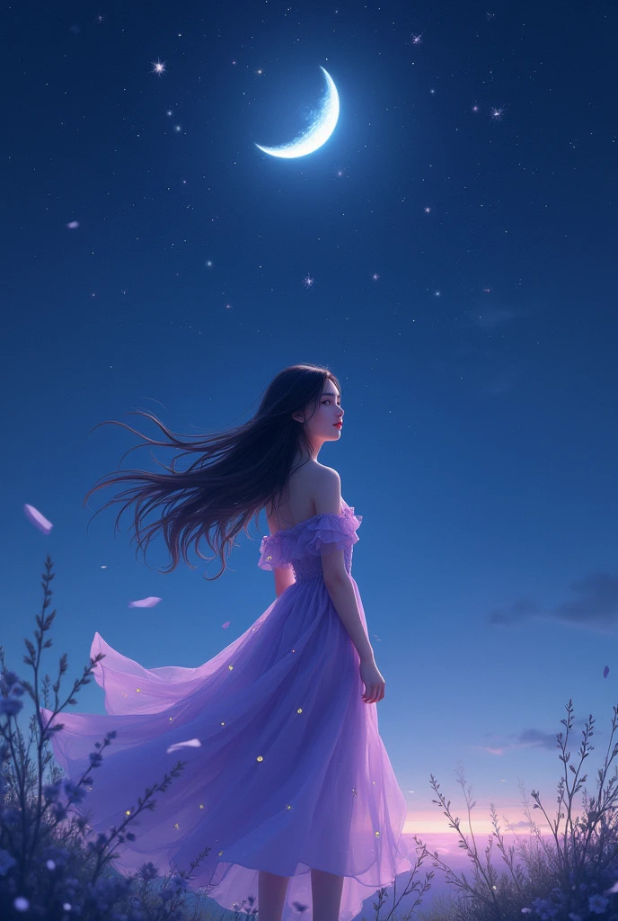 A girl is standing under the sky, moon and full of stars in the sky, night background, purple dress with fairy lights accessories, elegant and windy,