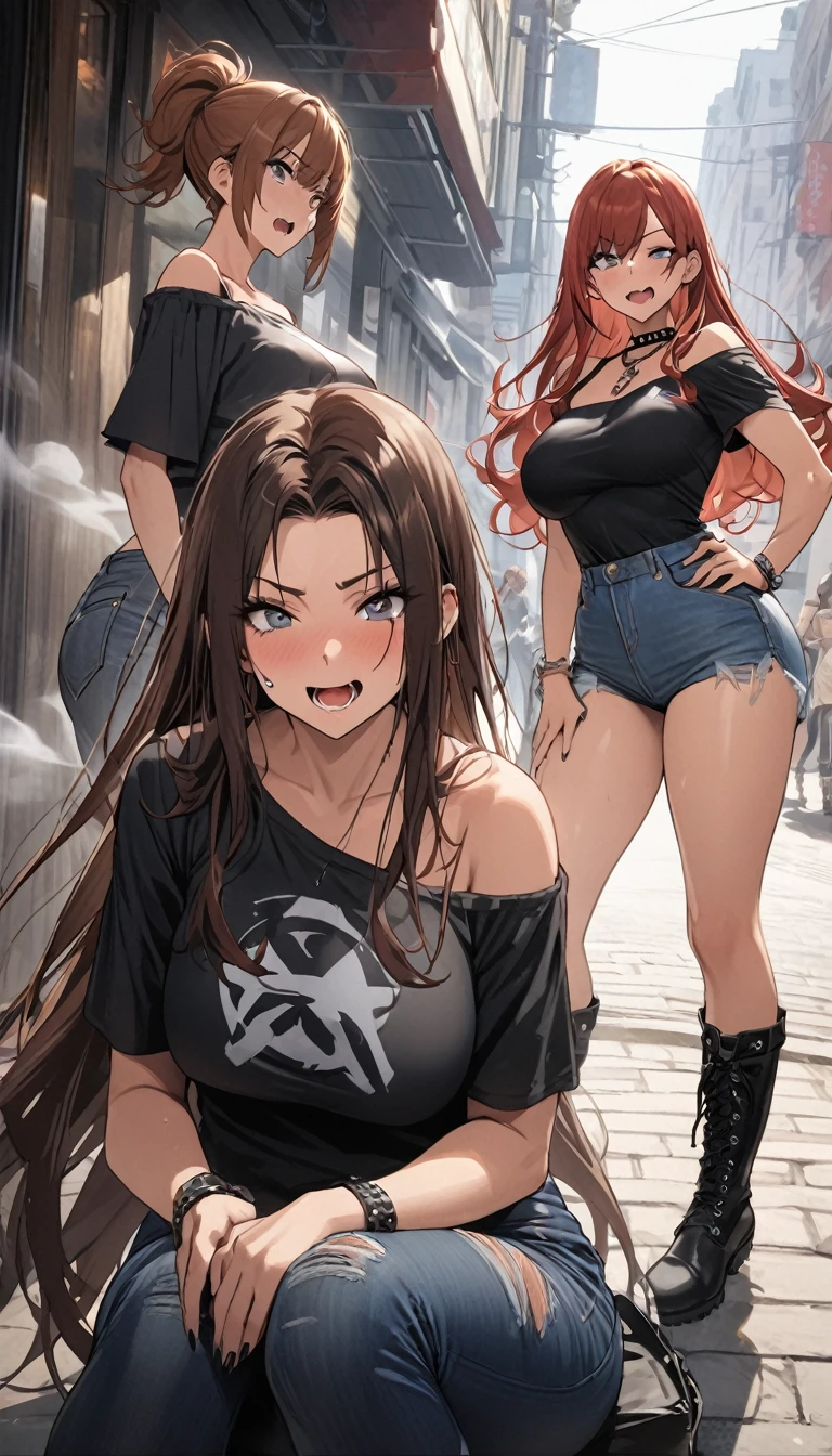 Ultra-high definition image quality、beautiful girl、Yankee girl、Reddish brown hair、Messy long hair、Gal、bustling street、Off-the-shoulder T-shirt、Distressed denim、Tight low rise denim、Highest quality, Big Ass、Thighs、Big Boobs、High cut boots、Glare、Place hands on hips、intimidating face、Hold a cigarette in your mouth、Smoke from cigarettes、Punk Fashion、Yankee sitting