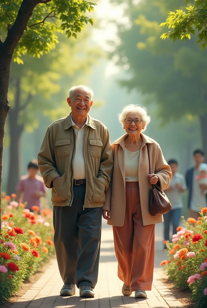 An elderly Chinese couple is walking in the park with smiles on their faces. The trees around are very green, and the flowers in the garden are blooming beautifully. Children are playing around, and a young couple is walking with their baby. It is very lively. Real portraits, real scenes