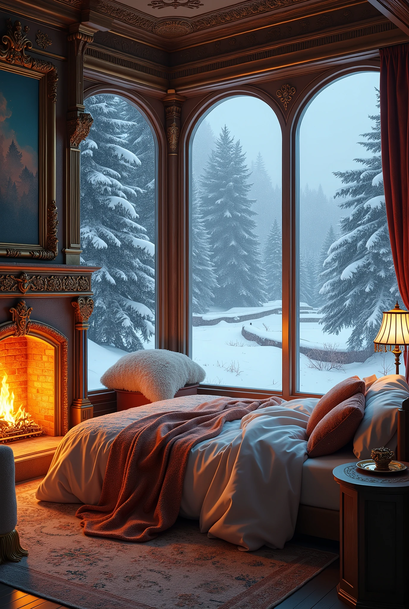 (photorealism:1.2),a beautiful cozy room, big room, warm bed, fire in stoneplace, lot of windows, outside weather in minus degree, a snow storm
realistic, intricate details, warm colors, by Greg Rutkowski, by Alphonse Mucha
