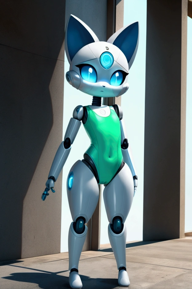 Small, slender, female robot kitty with good, big thighs and beautiful blue eyes, wearing a full-body green swimsuit..