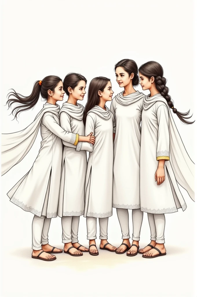 5 girls standing together with white school dress kurtas and chunri blowing in air drawing sketch one girl have a ponytail other' s have braids