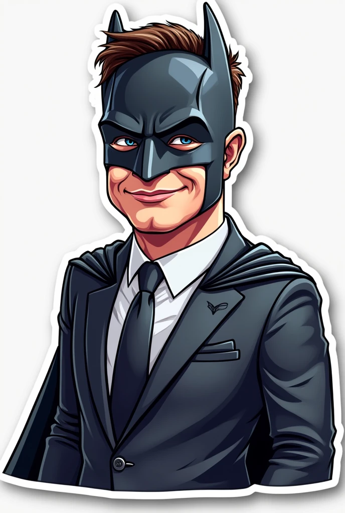 Vector image sticker art of Elon Musk in suit and tie as Batman cartoonistic realistic 