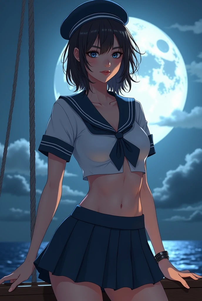 1 woman, Sarah Shahi, slender, muscular body, dark brown disheveled hair, blue eyes, (RAW photo), (realistic), (photorealistic), Ultra-high resolution, masterpiece, top quality, Wearing a sailor uniform, narrow ultra micro mini skirt, sailor cap, cleavage, standing on boat, artgerm style, moon is shining, cosplay, sailor, award-winning photo, lunar cycles, realistic photo, 8K