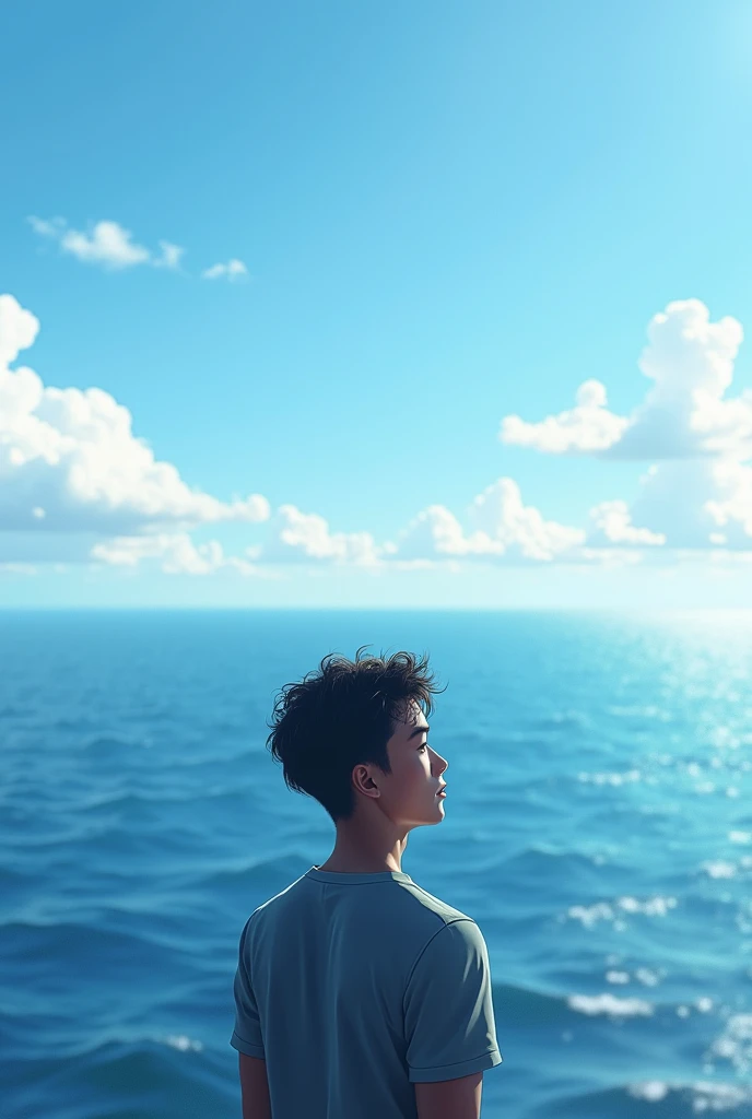 A 20 years old boy stand up and see Ocean View 
 Full realistic 