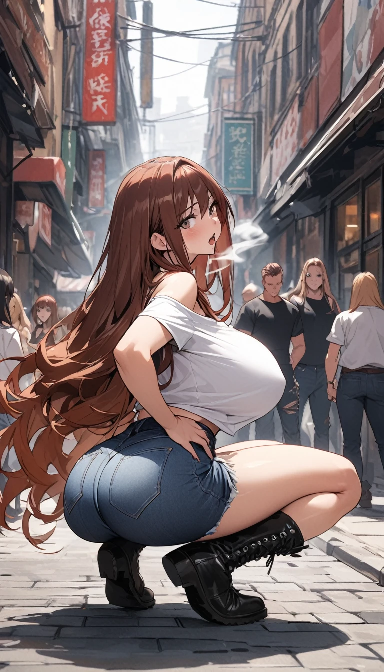Ultra-high definition image quality、beautiful girl、Yankee girl、Reddish brown hair、Messy long hair、Gal、bustling street、Off-the-shoulder T-shirt、Distressed denim、Tight low rise denim、Highest quality, Big Ass、Thighs、Big Boobs、High cut boots、Glare、Place hands on hips、intimidating face、Hold a cigarette in your mouth、Smoke from cigarettes、Punk Fashion、Stand with legs crossed、Squat with your legs apart