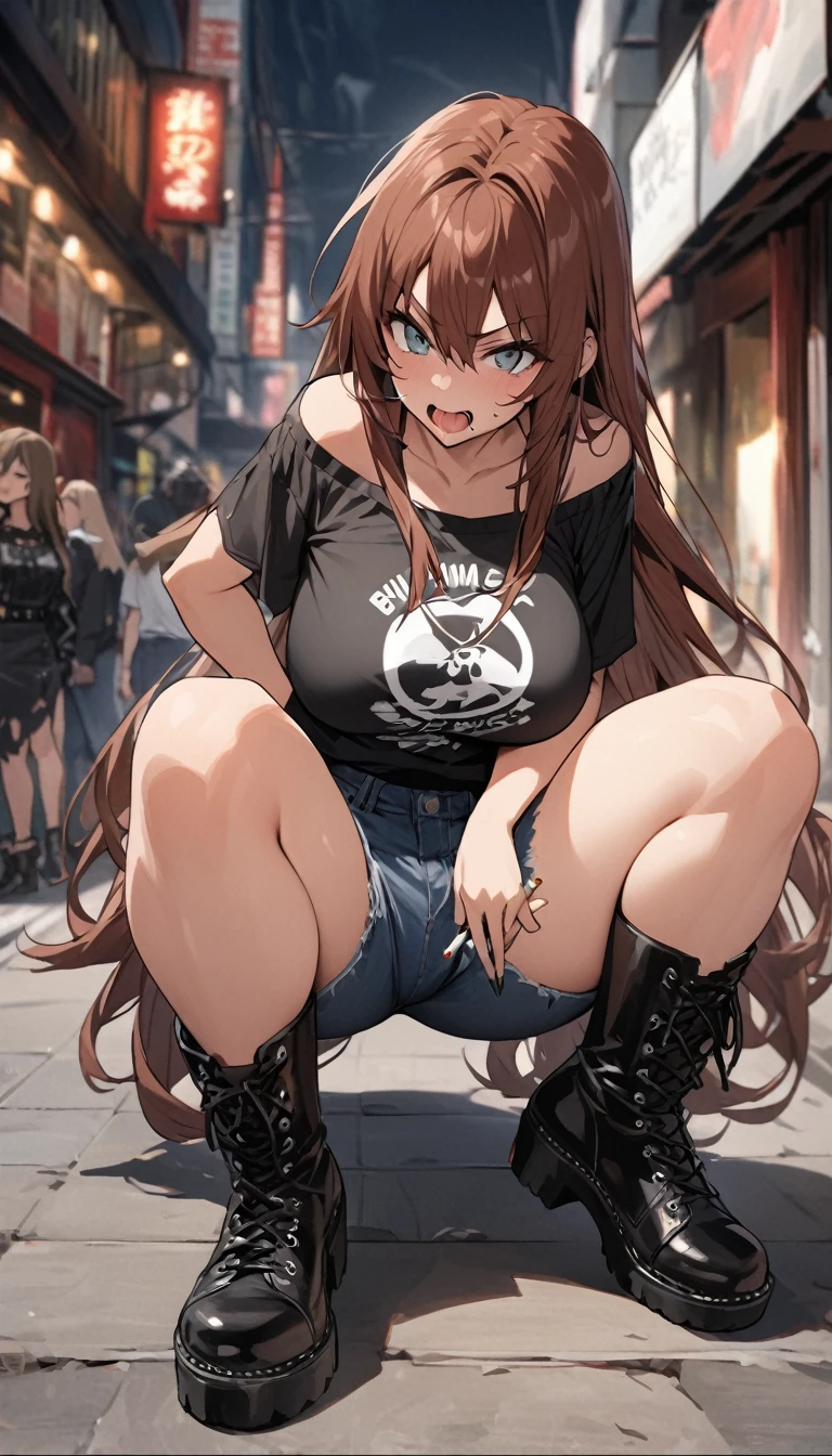 Ultra-high definition image quality、beautiful girl、Yankee girl、Reddish brown hair、Messy long hair、Gal、bustling street、Off-the-shoulder T-shirt、Distressed denim、Tight low rise denim、Highest quality, Big Ass、Thighs、Big Boobs、High cut boots、Glare、Place hands on hips、intimidating face、Hold a cigarette in your mouth、Smoke from cigarettes、Punk Fashion、Stand with legs crossed、Squat with your legs apart