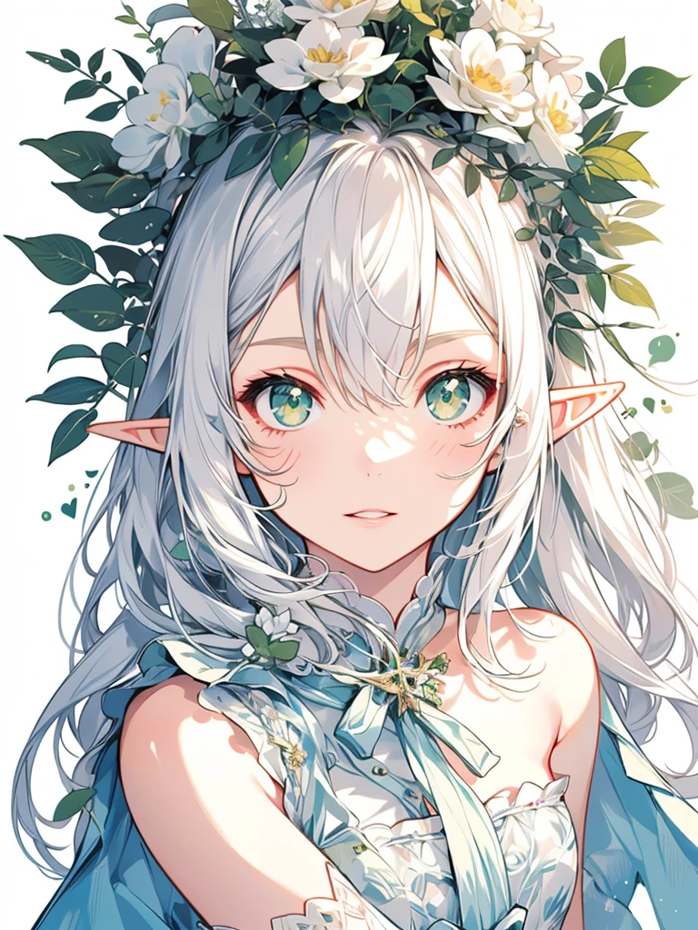 masterpiece, best quality, 1girl, ultra detailed, ultra highres, well-definded facial features, anatomically correct, cute girl, long pointy ears, elf, nice face,white hair, green eyes,hugging bouquet,
