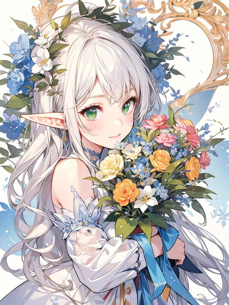 masterpiece, best quality, 1girl, ultra detailed, ultra highres, well-definded facial features, anatomically correct, cute girl, long pointy ears, elf, nice face,white hair, green eyes,hugging bouquet,