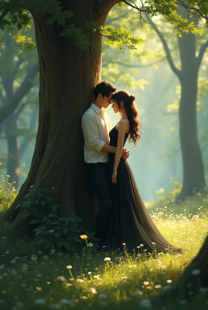 A girl standing leaning against a tree in a beautiful forest wearing a black gown and a boy standing in front of her who has one hand on her waist and the other on her shoulder and is looking at her