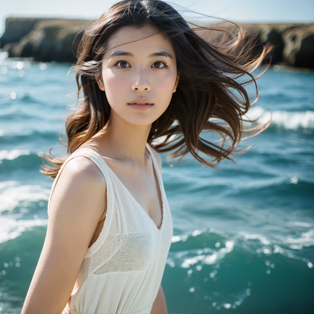 A hyper-realistic image of a single Japanese woman in her early 20s, captured with the nostalgic warmth and subtle graininess of a film camera, with the focus on her upper body from the shoulders up against a serene seaside backdrop. Her skin has a warm beige tone with a natural, slightly rough texture that includes visible pores, fine lines, and subtle imperfections such as small blemishes, adding to the authenticity of her appearance. The soft, diffused natural light reflects off the ocean waves, casting gentle, warm shadows across her face and shoulders, enhancing the film-like quality and creating a timeless, organic feel. Her straight, glossy black hair is slightly tousled by the ocean breeze, naturally framing her face, and her deep brown eyes reflect the soft light of the seaside, adding depth and emotion. The background subtly captures the peaceful ocean scenery with a glimpse of rolling waves and a faint horizon, blurred to maintain focus on her expression. The film camera effect introduces a slight grain and a softer focus, giving the image a warm, nostalgic atmosphere while maintaining the realistic texture of her skin. She is wearing a light, airy top that complements her natural beauty and the beach setting, with the overall composition designed to evoke a sense of genuine, understated elegance and connection with nature.