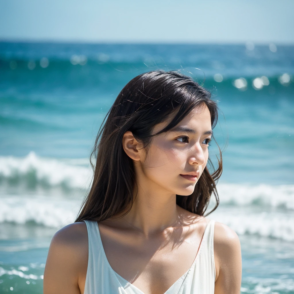 A hyper-realistic image of a single Japanese woman in her early 20s, captured with the nostalgic warmth and subtle graininess of a film camera, with the focus on her upper body from the shoulders up against a serene seaside backdrop. Her skin has a warm beige tone with a natural, slightly rough texture that includes visible pores, fine lines, and subtle imperfections such as small blemishes, adding to the authenticity of her appearance. The soft, diffused natural light reflects off the ocean waves, casting gentle, warm shadows across her face and shoulders, enhancing the film-like quality and creating a timeless, organic feel. Her straight, glossy black hair is slightly tousled by the ocean breeze, naturally framing her face, and her deep brown eyes reflect the soft light of the seaside, adding depth and emotion. The background subtly captures the peaceful ocean scenery with a glimpse of rolling waves and a faint horizon, blurred to maintain focus on her expression. The film camera effect introduces a slight grain and a softer focus, giving the image a warm, nostalgic atmosphere while maintaining the realistic texture of her skin. She is wearing a light, airy top that complements her natural beauty and the beach setting, with the overall composition designed to evoke a sense of genuine, understated elegance and connection with nature.
