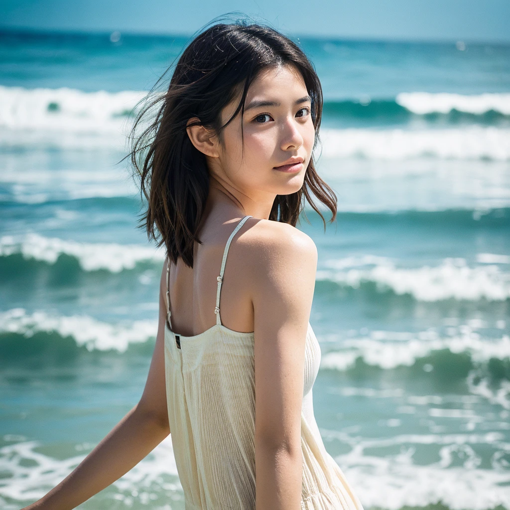 A hyper-realistic image of a single Japanese woman in her early 20s, captured with the nostalgic warmth and subtle graininess of a film camera, with the focus on her upper body from the shoulders up against a serene seaside backdrop. Her skin has a warm beige tone with a natural, slightly rough texture that includes visible pores, fine lines, and subtle imperfections such as small blemishes, adding to the authenticity of her appearance. The soft, diffused natural light reflects off the ocean waves, casting gentle, warm shadows across her face and shoulders, enhancing the film-like quality and creating a timeless, organic feel. Her straight, glossy black hair is slightly tousled by the ocean breeze, naturally framing her face, and her deep brown eyes reflect the soft light of the seaside, adding depth and emotion. The background subtly captures the peaceful ocean scenery with a glimpse of rolling waves and a faint horizon, blurred to maintain focus on her expression. The film camera effect introduces a slight grain and a softer focus, giving the image a warm, nostalgic atmosphere while maintaining the realistic texture of her skin. She is wearing a light, airy top that complements her natural beauty and the beach setting, with the overall composition designed to evoke a sense of genuine, understated elegance and connection with nature.