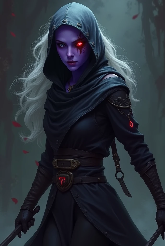 elfa drow,  purple skin, Eyes red, white  hair, assassin outfit with two daggers, scar on eye, hood on the head, Ear Body Piercing, mouth and nose covered with cloth
