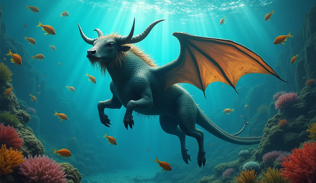 a majestic bull-headed snake-tailed fish with wings growing from its ribcage, underwater scene, (best quality,4k,8k,highres,masterpiece:1.2),ultra-detailed,(realistic,photorealistic,photo-realistic:1.37),fantastical creature,mythical beast,surreal aquatic life,dramatic lighting,vibrant colors,cinematic composition