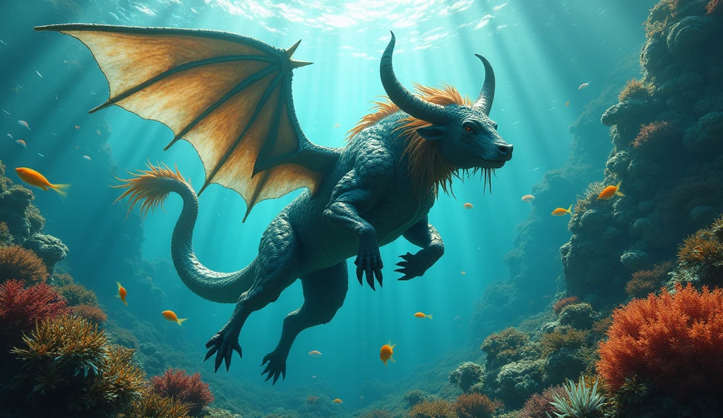 a majestic bull-headed snake-tailed fish with wings growing from its ribcage, underwater scene, (best quality,4k,8k,highres,masterpiece:1.2),ultra-detailed,(realistic,photorealistic,photo-realistic:1.37),fantastical creature,mythical beast,surreal aquatic life,dramatic lighting,vibrant colors,cinematic composition