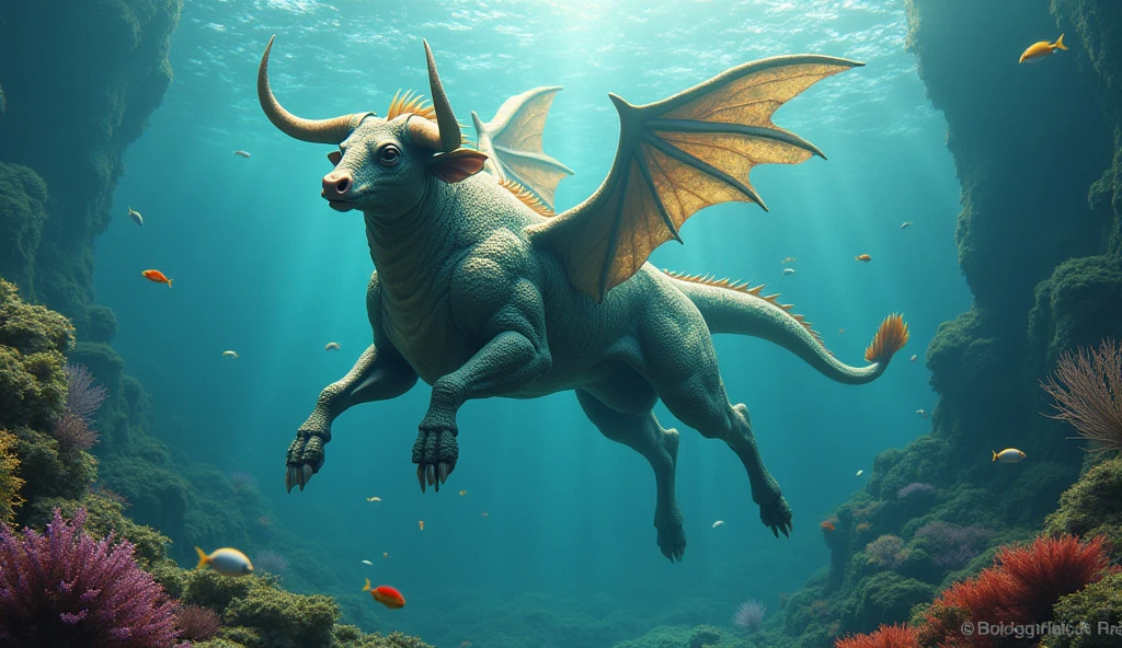 a majestic bull-headed snake-tailed fish with wings growing from its ribcage, underwater scene, (best quality,4k,8k,highres,masterpiece:1.2),ultra-detailed,(realistic,photorealistic,photo-realistic:1.37),fantastical creature,mythical beast,surreal aquatic life,dramatic lighting,vibrant colors,cinematic composition