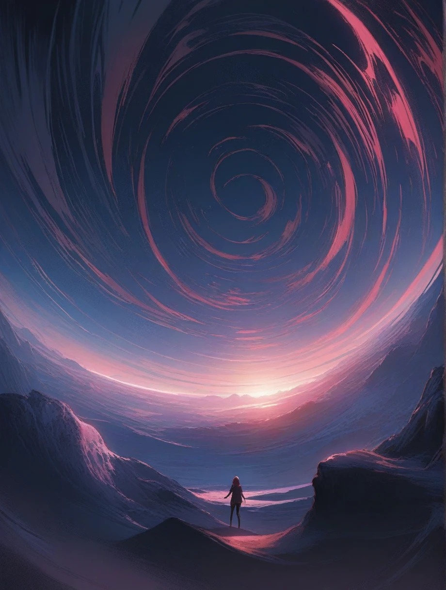 score_9, score_8_up, score_7_up, score_anime, masterpiece, top quality, delicate illustration, sharp lines, sharp focus, BREAK, a traveling girl wandering in the endless night world, the girl wears a hood and has a lot of stuff in her backpack, night , fantastic landscape, beautiful scenery, harmony with nature, spectacular view, space city, (((torn clothes))), (((torn hood)))