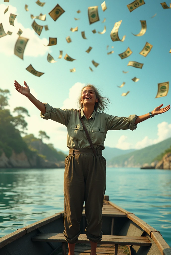 A beautiful fisherman is on a fishing boat, smiling happily, looking up, spreading her arms, waiting to receive money, which is falling from the sky in large amounts.
