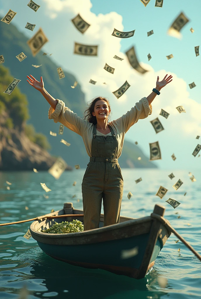 A beautiful fisherman is on a fishing boat, smiling happily, looking up, spreading her arms, waiting to receive money, which is falling from the sky in large amounts.