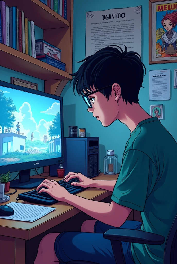 a college student boy playing a computer games in his room
Manga drawing
