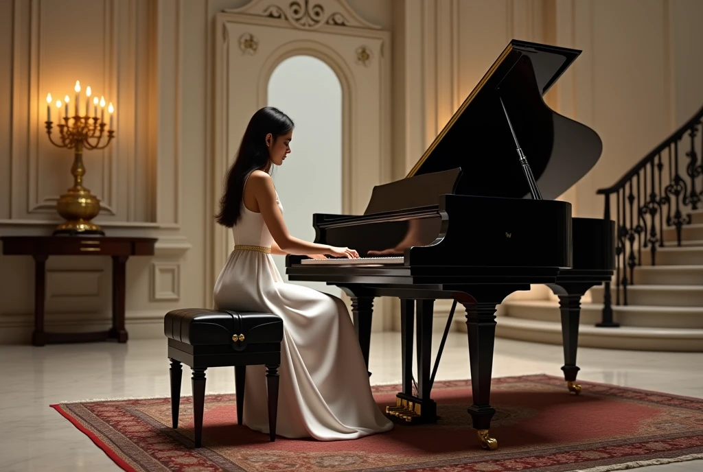 High Resolution, Masterpiece, Accurate, Best Quality, Detail, High Details, High Quality, Realistic photo. A 30 year old Indonesian wife, wearing a white dress, long dark hair, white skin, height: 155 cm, weight: 45 kg. The image shows a young woman sitting at a grand piano in a luxurious room. She is wearing a white dress and has long dark hair. The piano is black and has white keys. The woman is playing the piano with her hands and appears to be focused on the music. The room has a staircase with a black railing and a gold candelabra on the right side. The walls are painted in a light beige color and there is a large mirror on the wall. The floor is covered with a patterned rug.