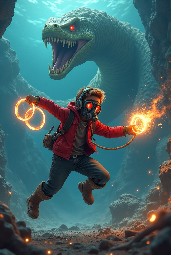 Star-Lord with red hoodie, Rocket boots, headphones, star-lord helmet, gas helmet, Covered mouth, Round & red eyes, ocean floor, underwater, Fighting with titboa, power, Kick, Attack, magic rings in the hands, Fighting, power, fiction, full body, 2 persons, magic lasso, hight, fall, fire in boots, poweful spells, realistic, helmet, mask, float, war, kill, dead, wound
