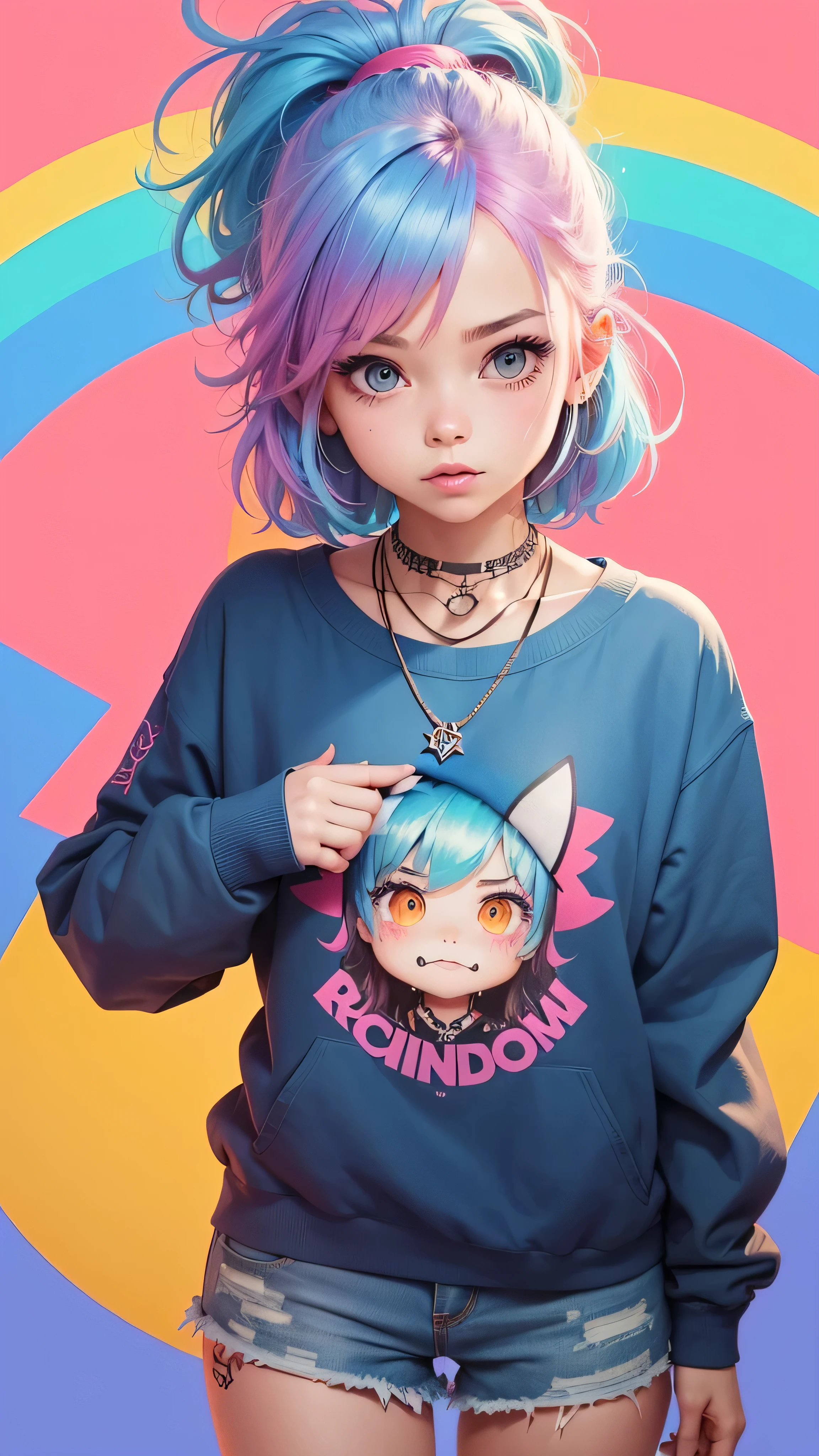 Create a cute and bright cartoon illustration of a girl,Has lots of tattoos, Rainbow Hair, punk necklace, Soft blue short sweatshirt, Levi's long pants, Cool pose, Background: A fun room full of paintings. 3D Art, The finer details, Rich colors, Clay texture, Pastel Lighting, Low angle shot, OC Renderer, C4D, Highest quality, 8k