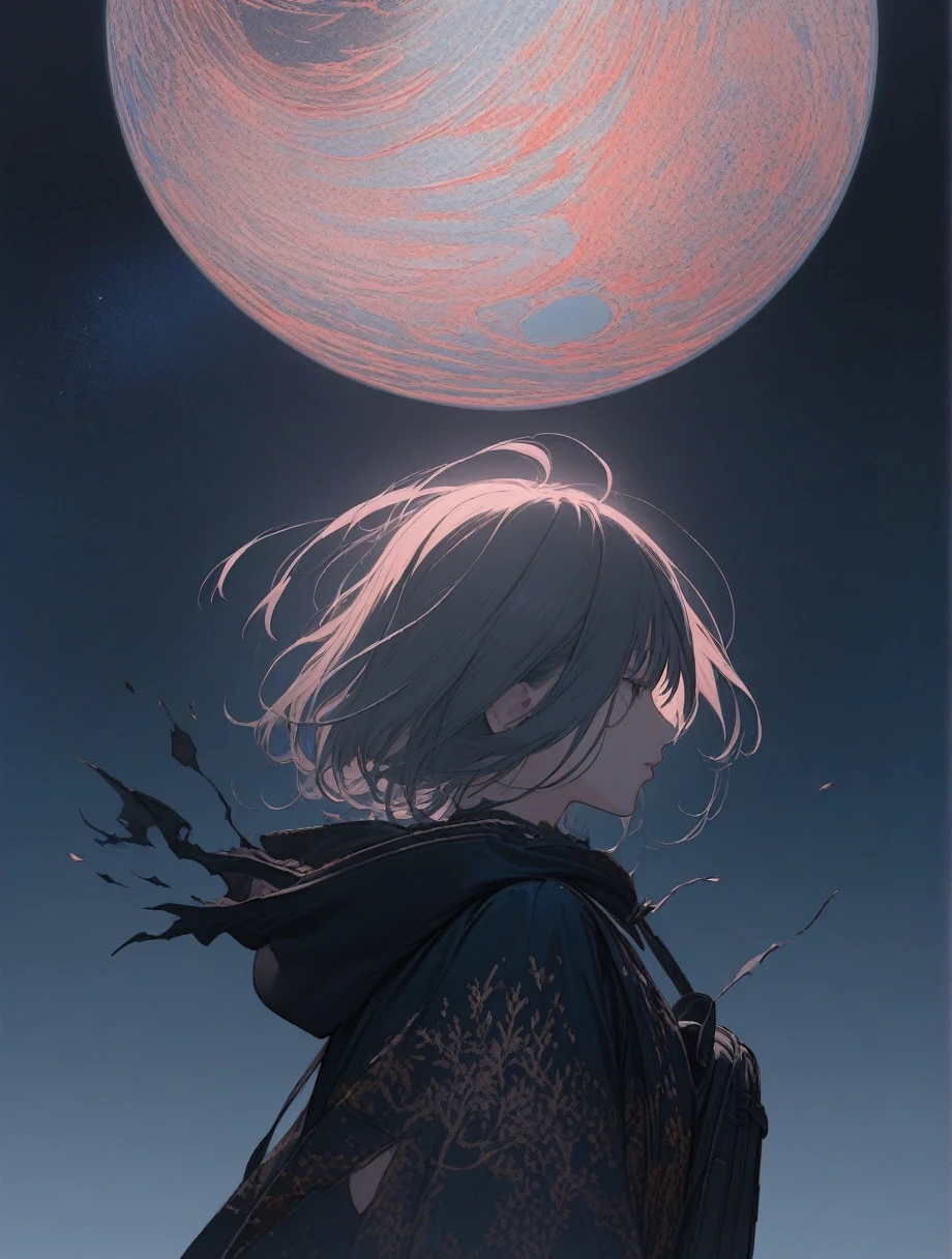 score_9, score_8_up, score_7_up, score_anime, masterpiece, top quality, delicate illustration, sharp lines, sharp focus, BREAK, a traveling girl wandering in the endless night world, the girl wears a hood and has a lot of stuff in her backpack, night , fantastic landscape, beautiful scenery, harmony with nature, spectacular view, space city, (((torn clothes))), (((torn hood)))