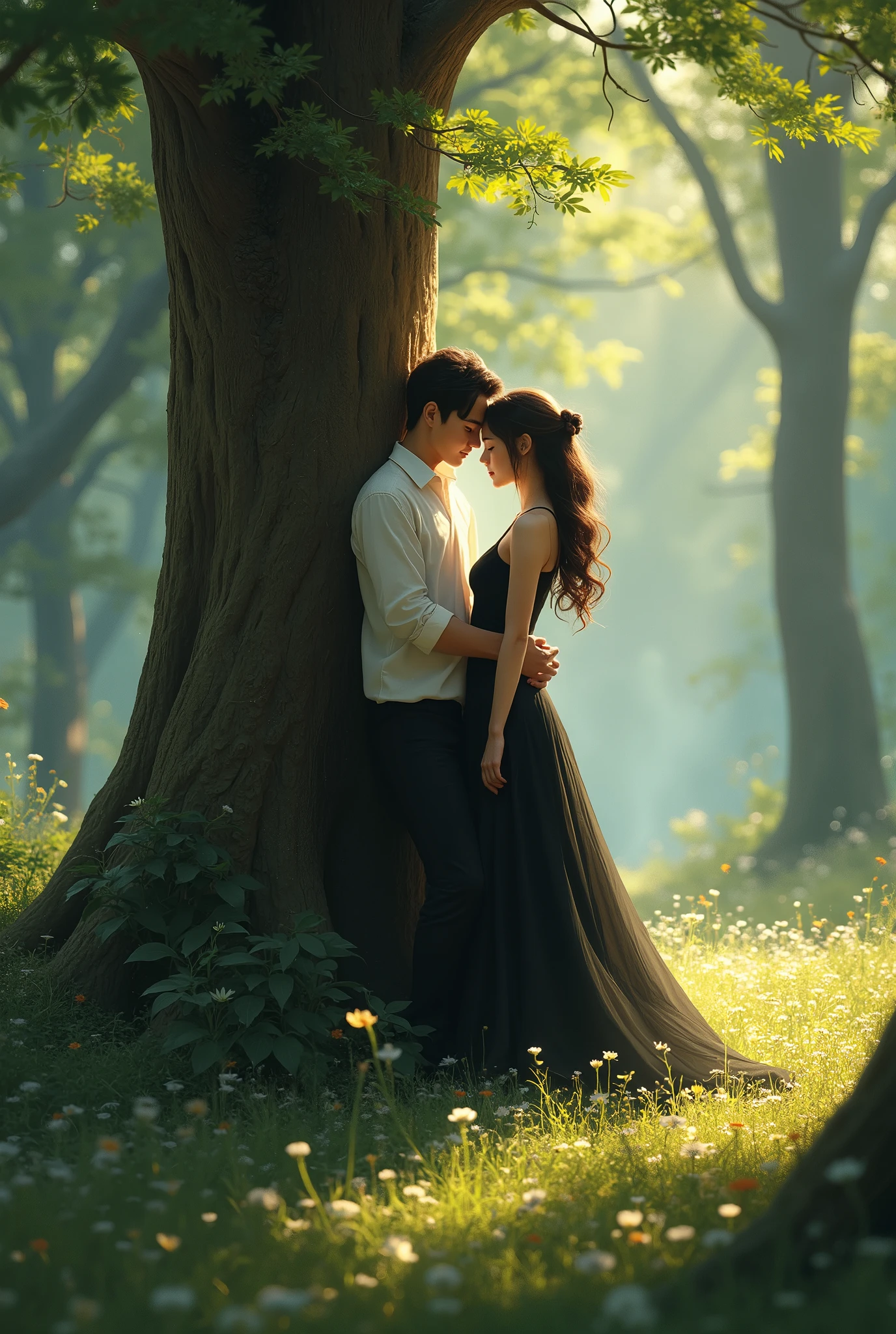 A girl standing leaning against a tree in a beautiful forest wearing a black gown and a boy standing in front of her who has one hand on her waist and the other on her shoulder and is looking at her