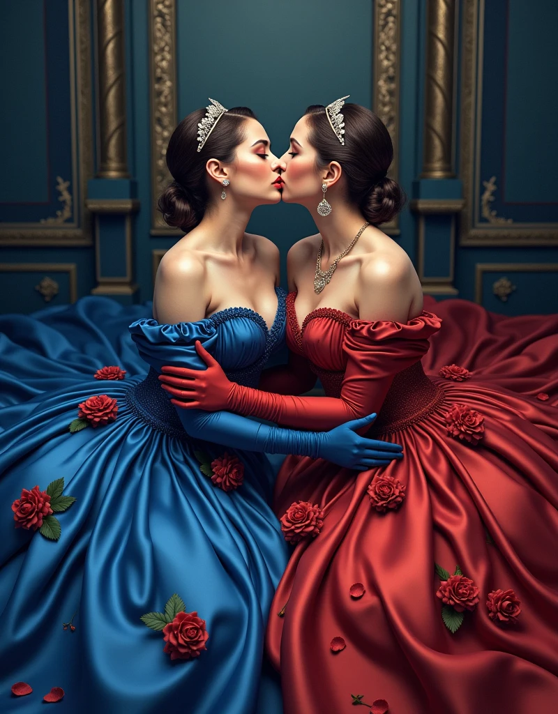 highest quality, masterpiece, highest resolution, artwork, super それにget used to it, many get used to it, get used to it, それにget used to it,((close-up angle shows full entire three persons))love,two adult woman kissing her daughter,romantic,honeymoon,three females in hair tied up,mothers and daughter, three females kissed surrounded satin silk fabric entire floor and room,two mothers with jewellry and full tiara sitting hug kissing their daughter on the floor,two females surrounded in luxurious deep blue satin dresses and satin silk cape,((deep blue satin elegant comfy dresses with a large and long skirt surrounding and covering the mattress)),outter train satin silk cape,deep blue pleasure satin evening dresses rose flowers on dress motive,satin silk cape fabric ,((Gorgeous goddess rococo robe satin dress with voluminous full-length hoop skirt)),deep blue long sleeve with gloves,long train skirt comfy dresses,A comfy dress with full satin fabric...,luxury shiny satin fabric,((Palace full luxurious extend side deep blue shiny satin fabric flooding on the mattress)), entire floor covered by extend stretched flares train skirt dresses fabric,((extend side of deep blue satin fabric)),Frilled silk full crimson fabric,many rose flowers on the floor, many rose flowers motive enitre the dresses,((two mothers and daughter sitting hug kissed each other while wrapped in deep blue satin dresses skirt on the mattress)),luxurious shiny satin skirt fabrics, shiny satin silk cape