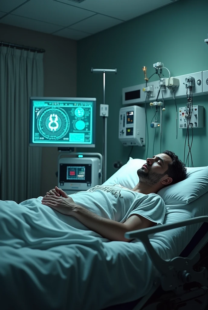 Prompt for the tragic event of Anavil's illness: "A dramatic scene depicting Anavil, a young researcher, lying in a hospital bed with a terminal illness. The room is filled with advanced medical equipment and a somber atmosphere. Anavil’s expression is one of resignation and sadness. Nearby, a screen displays the BioNet technology, symbolizing his final decision to upload his consciousness.