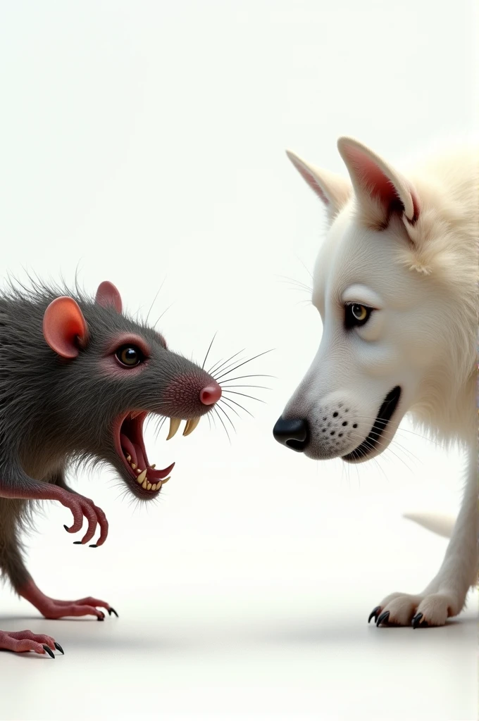 Generate me a photo in which a dirty and terrible rat stands in front of a big and white dog, the dog should also look stylish, and the rat is very dirty.