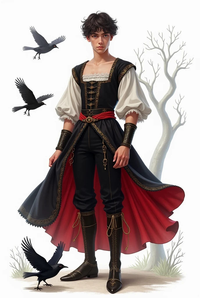 Whole body, Medieval teenage boy black and red costume, ballet square neck shirt inside another white short sleeve shirt, silk fabric, corset,along with pants with a skirt behind,ancient, delicate, Royals, delicate,delicate boots, Simple, White background, vista Whole body, crows, white tree