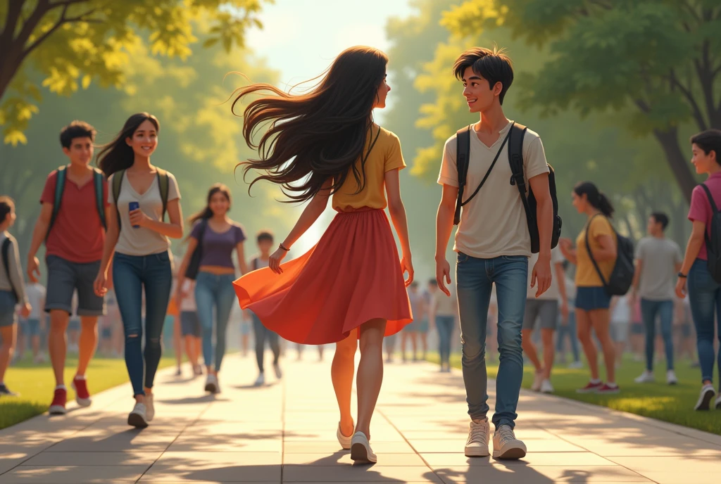 First Encounter:
"A bustling college campus with students walking around, carrying books and backpacks. In the foreground, a simple yet beautiful girl (Priya) is walking toward her class, her hair flowing gently in the breeze, and a shy smile on her face. Nearby, a boy (Aniket) stands with his friends, captivated by her presence, with a subtle smile and an intrigued expression."