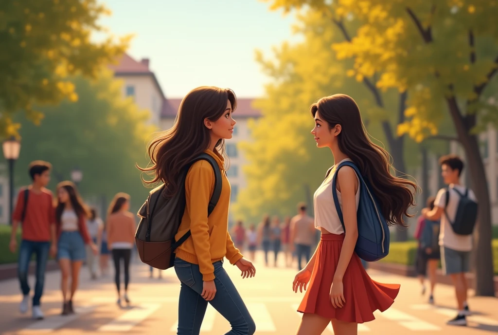 First Encounter:
"A bustling college campus with students walking around, carrying books and backpacks. In the foreground, a simple yet beautiful girl (Priya) is walking toward her class, her hair flowing gently in the breeze, and a shy smile on her face. Nearby, a boy (Aniket) stands with his friends, captivated by her presence, with a subtle smile and an intrigued expression."