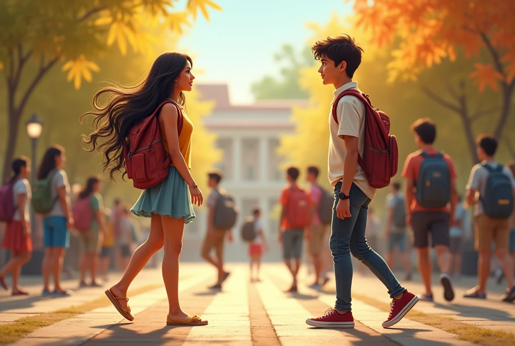 First Encounter:
"A bustling college campus with students walking around, carrying books and backpacks. In the foreground, a simple yet beautiful girl (Priya) is walking toward her class, her hair flowing gently in the breeze, and a shy smile on her face. Nearby, a boy (Aniket) stands with his friends, captivated by her presence, with a subtle smile and an intrigued expression."